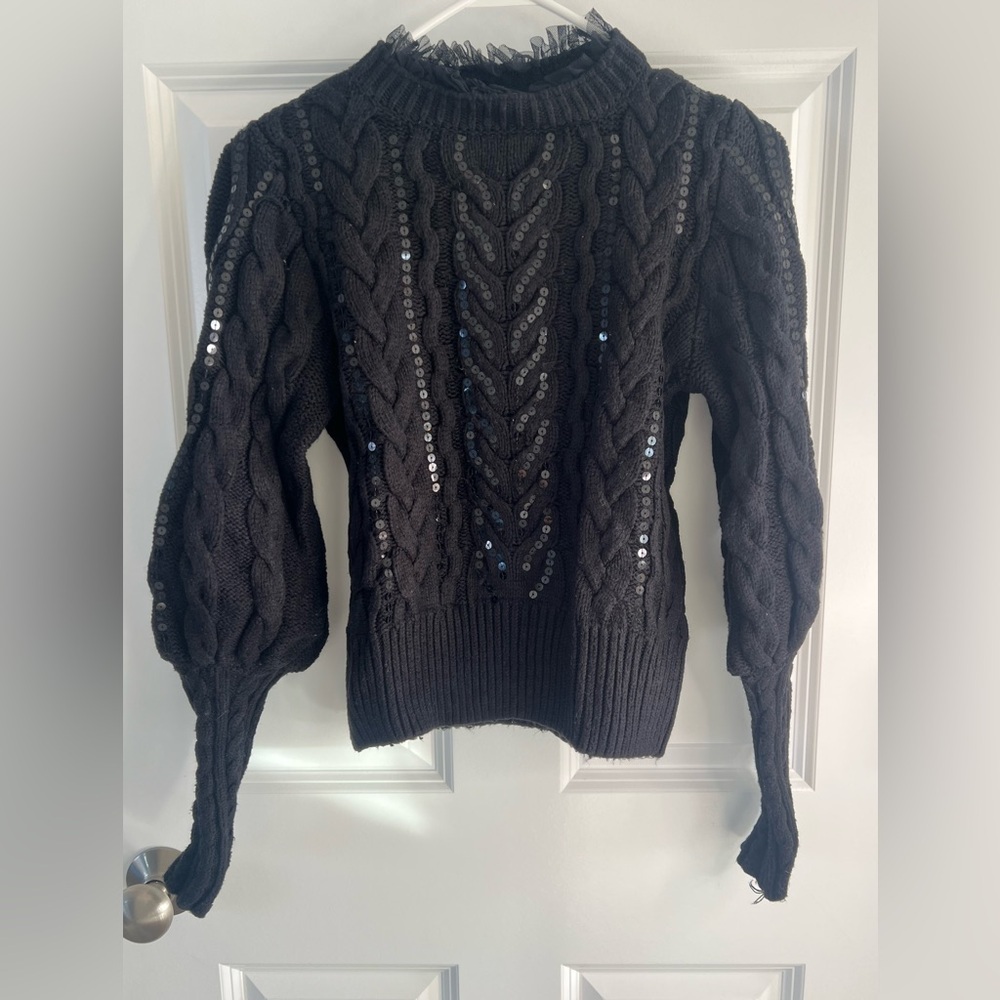 Express Black Sequin Cable Knit Sweater